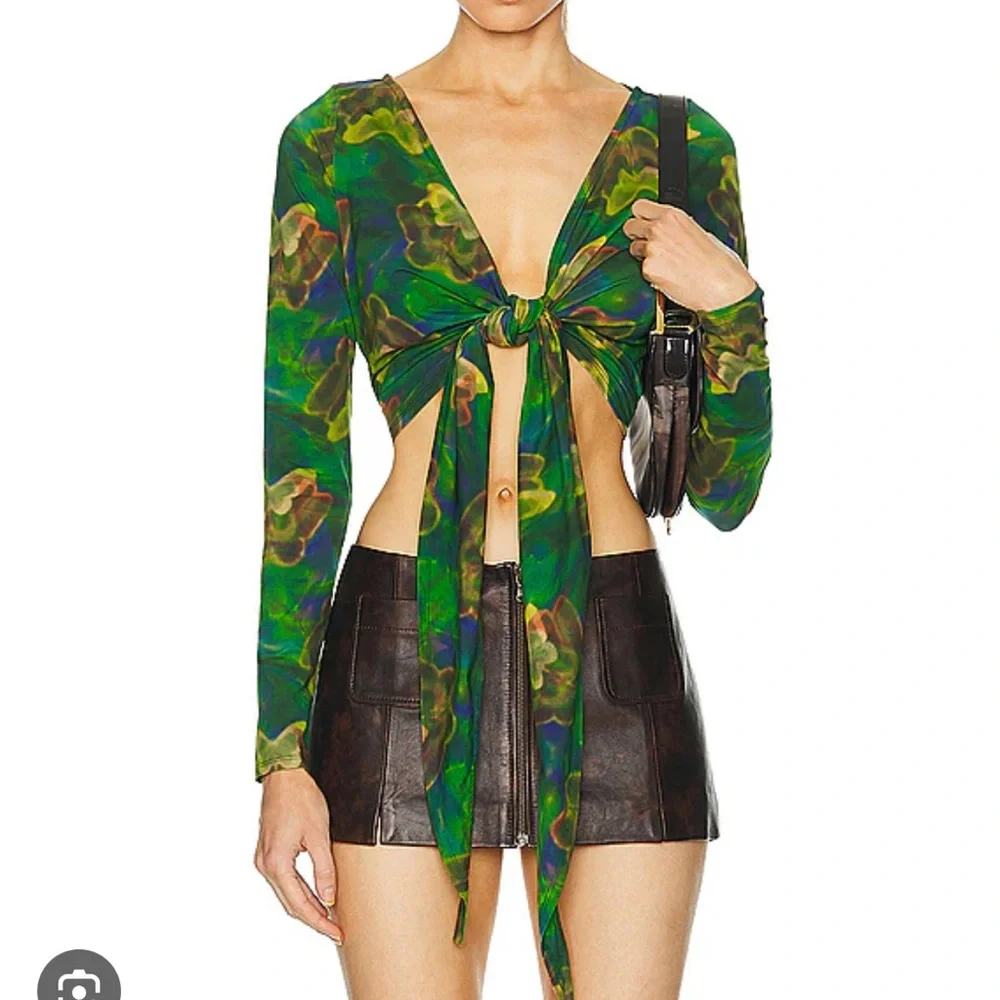 Re/Done x Pam Anderson Wrap Tie Top - Green Butterfly - Picture 3 of 8